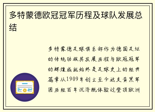 多特蒙德欧冠冠军历程及球队发展总结