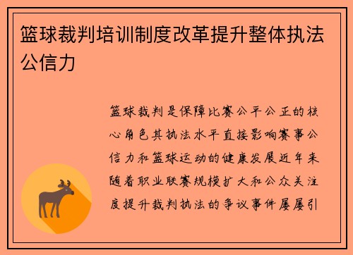 篮球裁判培训制度改革提升整体执法公信力